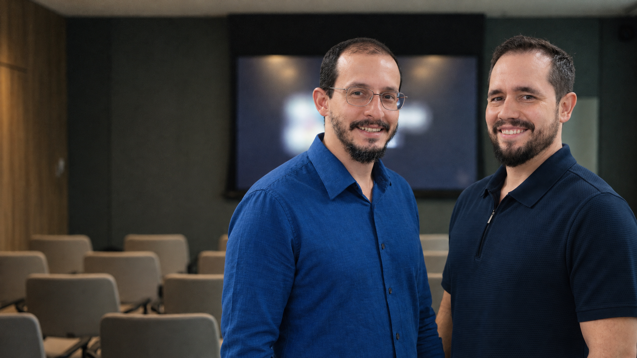 Henrique Oliveira e Rafael Cruvinel em uma sala de treinamento, em retrato editorial criado a partir da foto dos instrutores